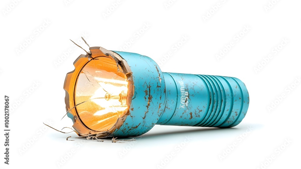 Poster Close up image of a malfunctioning flashlight with its cracked and the bulb exposed isolated against a plain white background  The flashlight appears damaged and in need of repair