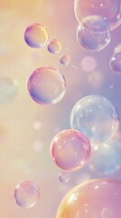 Colorful soap bubbles floating on a pastel