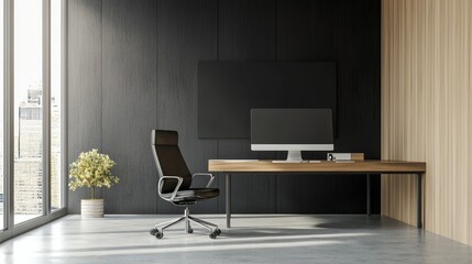 A modern workspace with sleek furniture and minimalistic decor, featuring a large desk, a stylish chair, and a wall-mounted monitor.