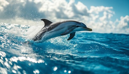 Naklejka premium A dolphin leaps out of the water, creating a splash as it jumps towards the blue sky.