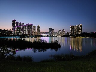 Naklejka premium the night view of the city reflected in the lake