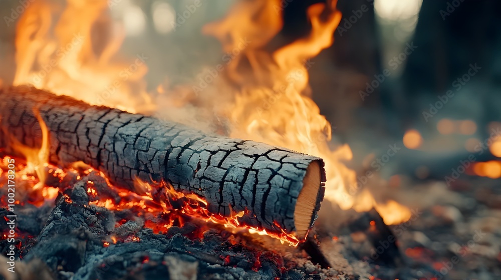 Poster close up of a crackling burning log in the intense heat and flames of a raging forest fire consuming