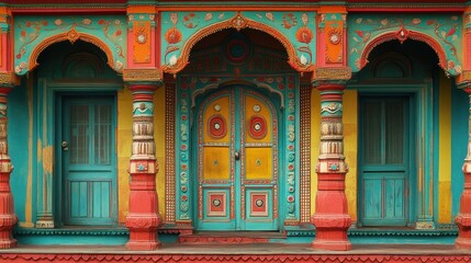 Obraz premium Traditional Indian Haveli exterior with bold colors and intricate design, showcasing rich architectural heritage.