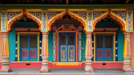 Traditional Indian Haveli exterior with bold colors and intricate design, showcasing rich architectural heritage.