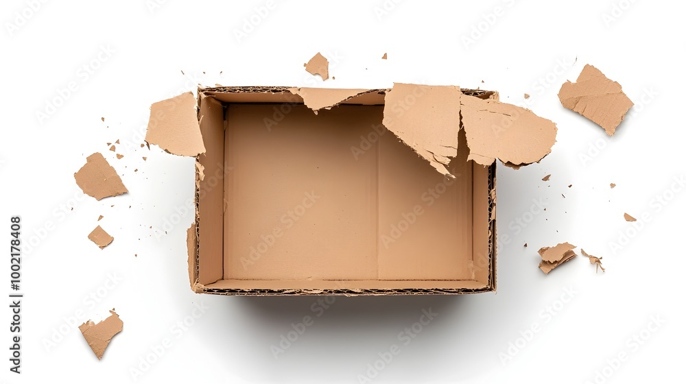 Poster Close up of a crumpled and torn cardboard box isolated on a plain white background  The textured and worn cardboard creates an abstract minimalist composition with geometric shapes and patterns