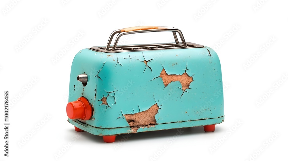 Poster Close up of a damaged metal toaster with visible dents and a broken lever isolated on a plain white background in a minimalist studio setting