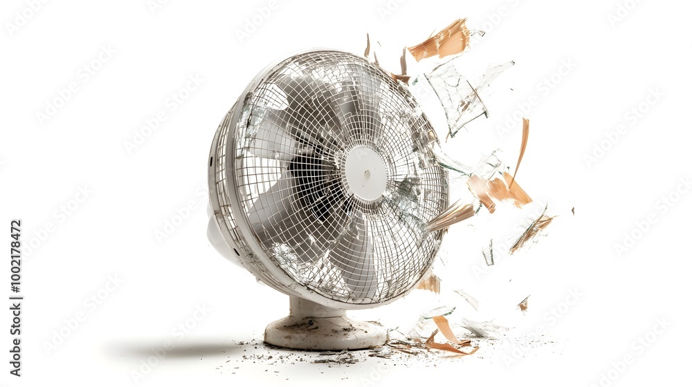 Poster close up of a damaged non functional fan with broken blades isolated against a clean white backgroun