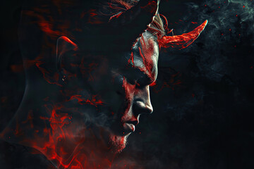 Scary sinister devil is in hell with bright fire lighting on the background