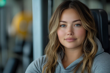 Obraz premium Woman with long brown hair and blue eyes is sitting in a chair