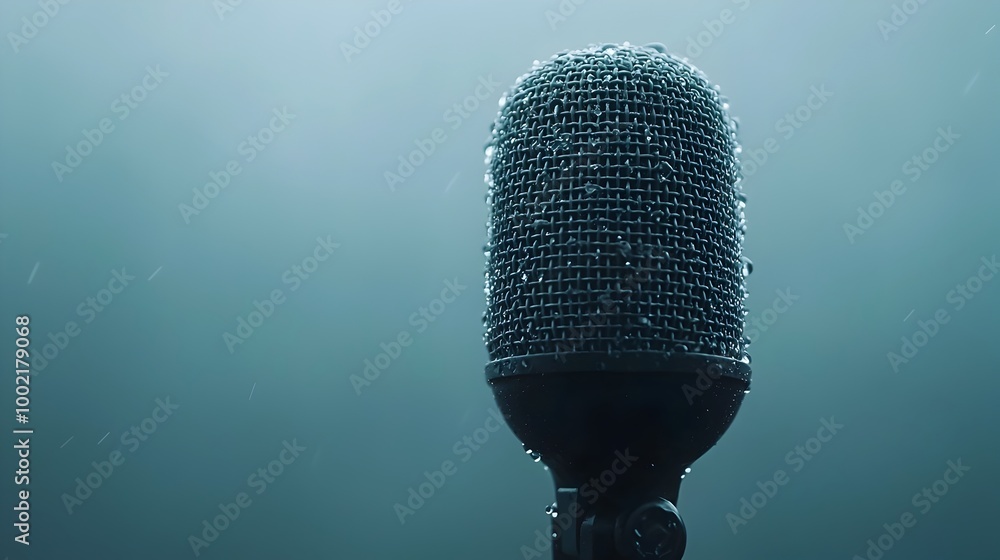 Poster close up of a professional microphone covered in glistening droplets of condensation in a moody fogg