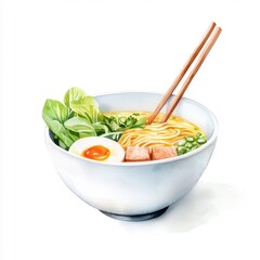 Watercolor-style ramen, isolated on a white background, soft and visually appealing.