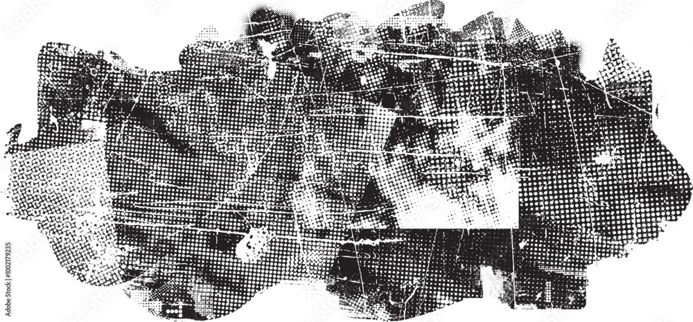 Fototapete Grungy textured banner with scratches, dotted surface and rough edges. Vector roller paint. Place overlay, scratched texture over any object to create grungy effect . Design element with halftone dots