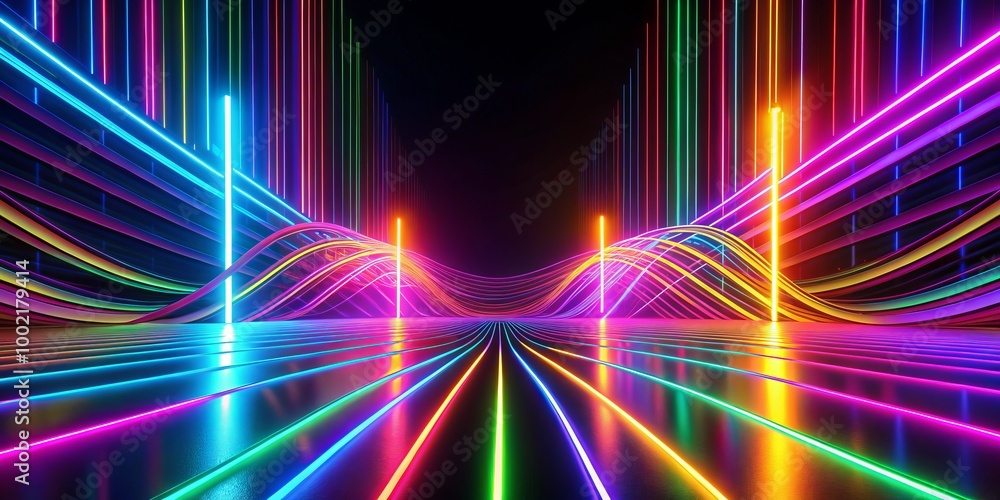 Poster dynamic neon lines in three-dimensional artwork contrast beautifully with a dark backdrop, producing