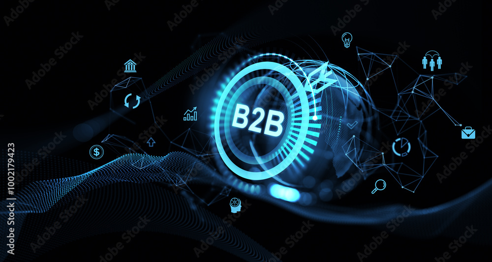 Poster b2b technology network concept with digital icons on dark background. 3d rendering