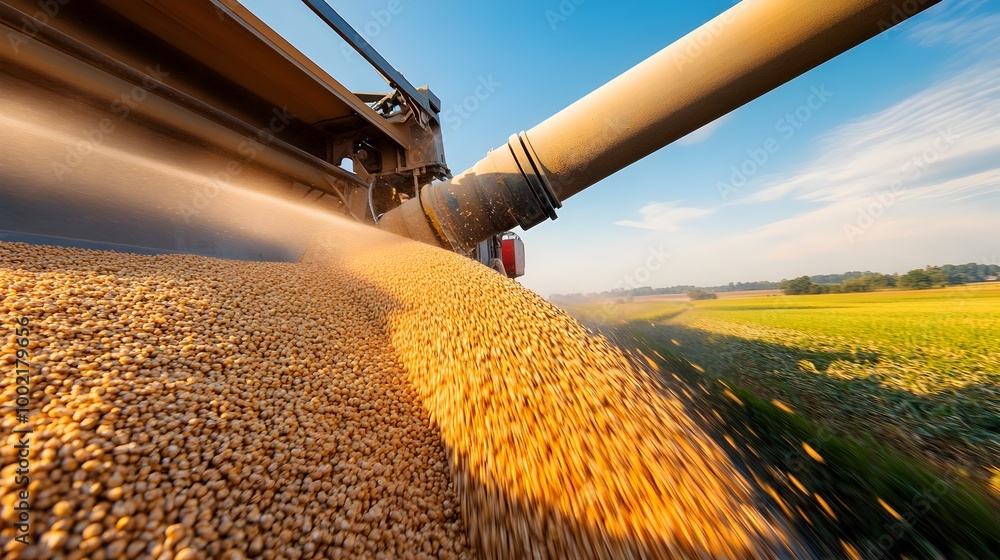Poster Close up of the auger mechanism on a grain cart unloading a steady stream of freshly harvested grains or crops from the field into a storage silo or bunker