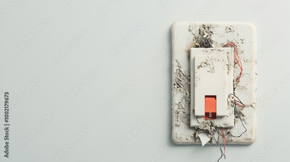 Poster close up photograph of a broken light switch with its cover cracked and wires exposed isolated again