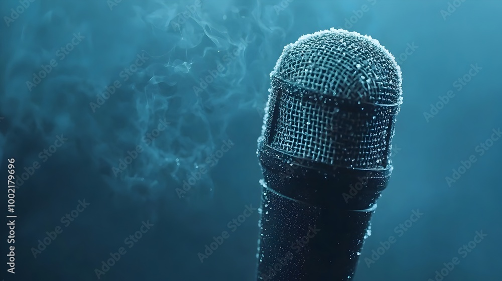 Poster close up photograph of a microphone covered in droplets of condensation captured in a foggy and chil