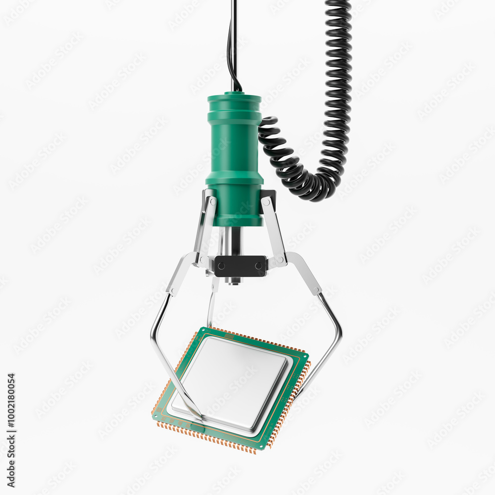 Poster robotic claw holding a microchip. 3d rendering
