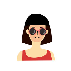 young woman with short hair on summer vacation with red burnt face and wearing glasses