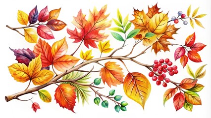 Elegant PNG watercolor autumn branch set with a transparent background, designed to elevate your graphic design