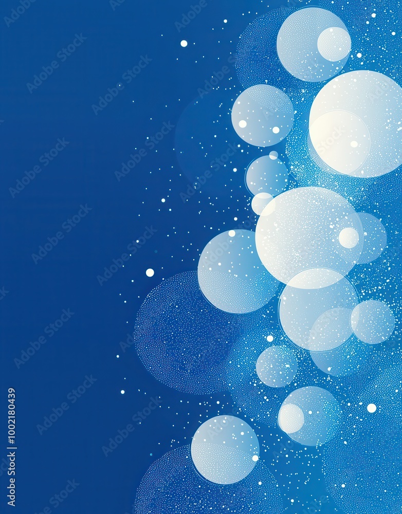 Poster abstract minimalist blue card with white circles and delicate dot patterns on a tranquil background