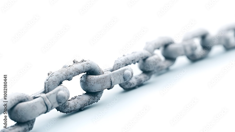 Poster close up view of a broken bicycle chain with its individual metal links separated and no longer func