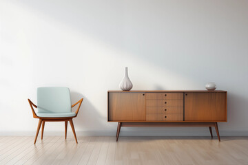 MidCentury Modern Living Room Interior with Wooden Cabinet Chair and White Wall