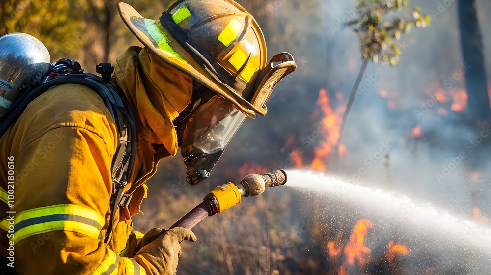 Poster close up view of a courageous firefighter in protective gear forcefully using a hose to spray water 