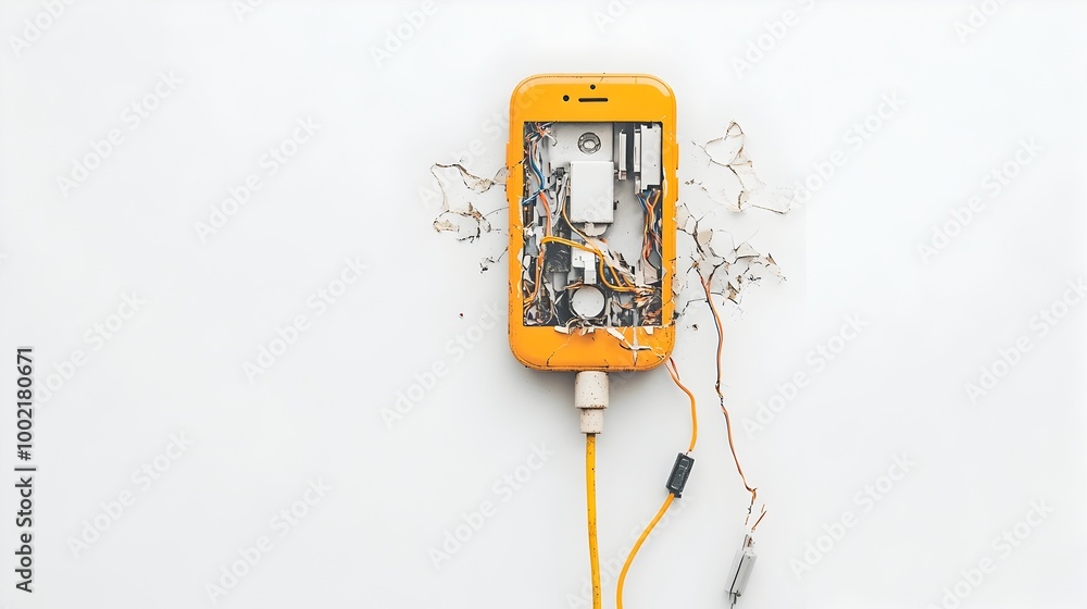 Aufkleber close up view of a damaged and frayed phone charger cable with a broken plug isolated on a clean whi