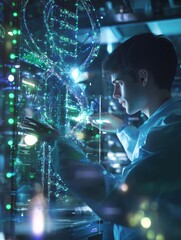 Fototapeta premium A genetic engineer manipulates floating holographic DNA strands in a futuristic lab filled with advanced technology. Generative AI