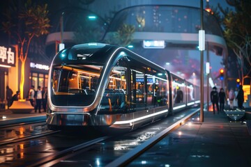 Fototapeta premium Futuristic Electric Tram in High-Tech Urban Cityscape at Night with Sleek Design