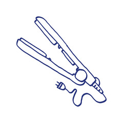 Hair straightener. Hairdressing equipment. Hand drawn sketch. Blue pen or marker drawing. Primitive kids picture. Professional hair dresser tool. Vector illustration. Barber symbol
