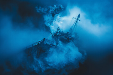 Fototapeta premium Underwater view of an old sunken ship on seabed with fish swimming