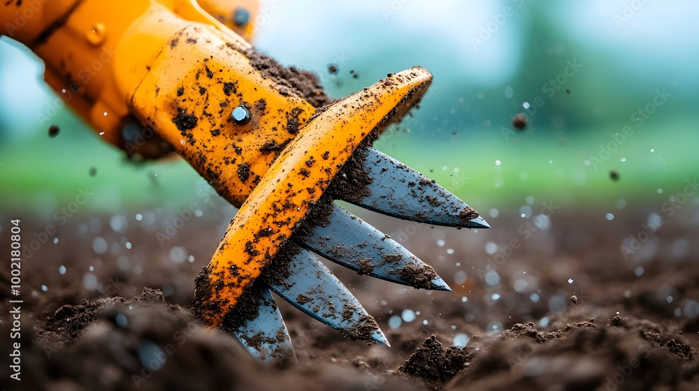 Poster close up view of a durable plow attachment featuring sharp metal blades covered in rich dark soil an