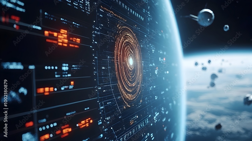 Poster close up view of a futuristic space radar display system tracking the movements of satellites in orb