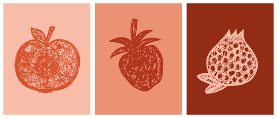 Red art sketch vector illustration. Apple, strawberry and pomegranate. Minimalist hand drawn picture. Fruits
