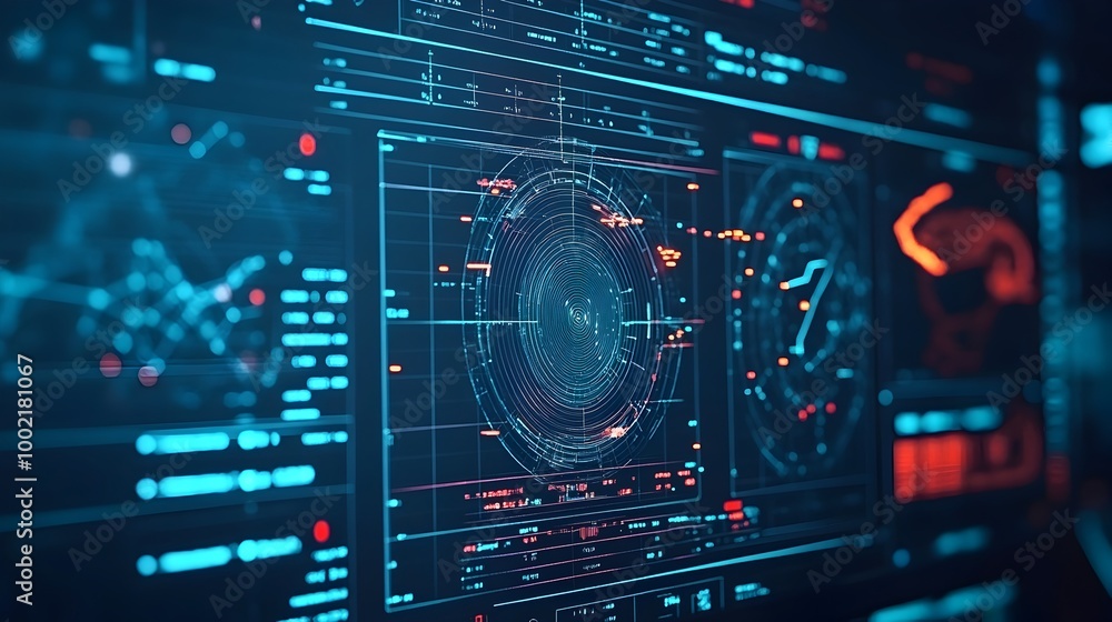 Fototapete Close up view of a high tech military radar display screen showing the tracking and monitoring of multiple fast moving aerial objects representing advanced defense and surveillance technology