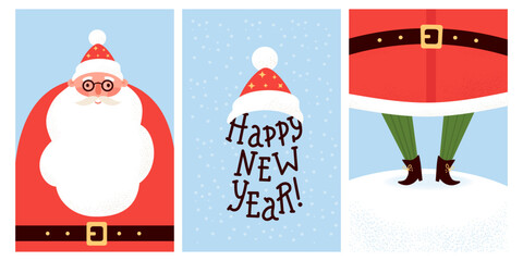 Happy New Year cards collection. Cute Santa Claus with big beard, lettering with hat and funny legs in snow. Isolated Christmas holiday vertical posters. Vector illustration