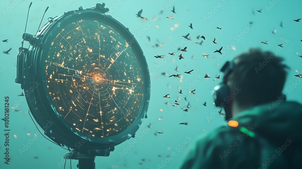 Fototapete Close up view of a high tech wildlife radar screen displaying real time data and analytics on the flight paths and patterns of birds traversing the skies