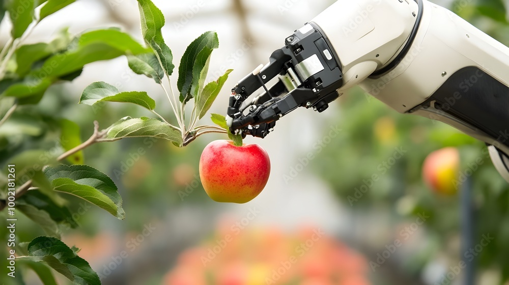 Poster close up view of a highly advanced robotic fruit picker arm grasping a ripe juicy apple from a tree 