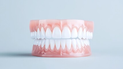 Full set of artificial teeth perfectly aligned, demonstrating dental health and t precision of modern prosthesis.