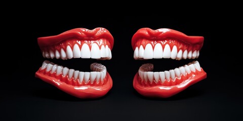 Obraz premium Two sets of dentures in bold red highlight importance of dental prosthesis. Durability and functionality of false teeth in dental care.