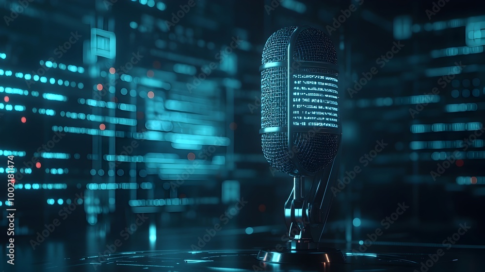 Aufkleber Close up view of a microphone with tiny LED lights glowing inside creating a modern high tech vibe perfect for audio production multimedia and technology focused creative projects