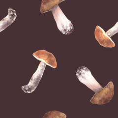 Watercolor Mushrooms seamless pattern. Edible sorts of fungi forest harvest. Hand drawn porcini, Boletus with orange and brown cap, fungus Fall clipart. Illustration isolated dark coloured background