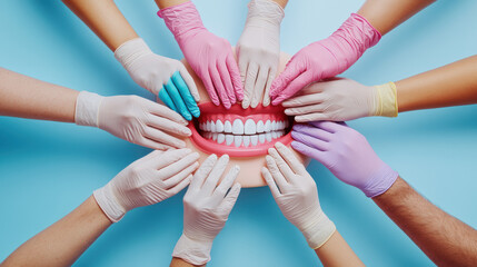 Dental model surrounded by multiple hands wearing colorful gloves, symbolizing collaborative effort and importance of oral healthcare.