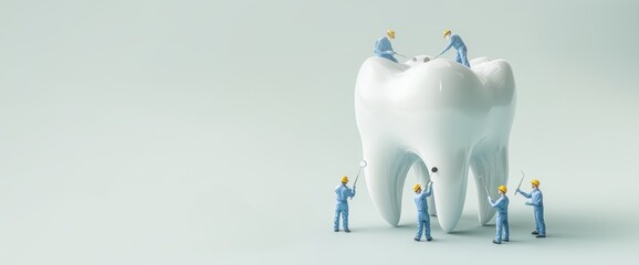 Miniature people are working on large tooth, emphasizing the importance of cleaning and care for dental health.
