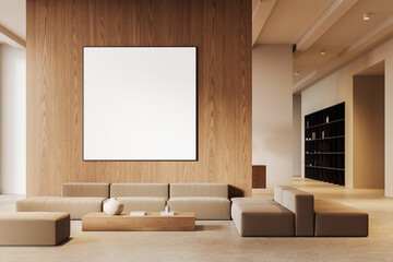 Beige lobby interior with rest zone and reception desk, shelf. Mockup frame