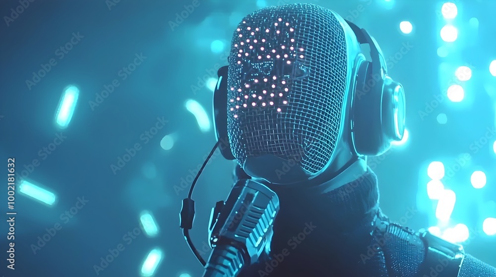 Aufkleber Close up view of a professional microphone with tiny LED lights glowing inside creating a sleek and futuristic high tech vibe for use in studio recording broadcasting or other multimedia applications