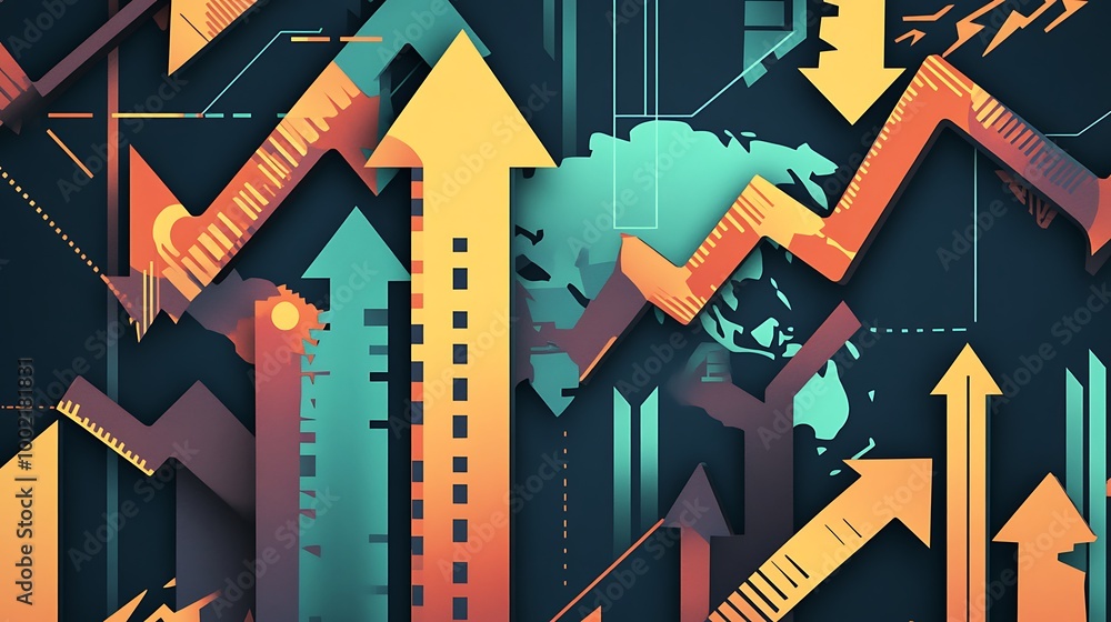Poster Abstract illustration of colorful arrows pointing upwards against a dark background with a map of the world, representing growth and progress.