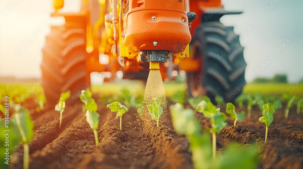 Poster Close up View of a Row Crop Planter s Mechanical Components Accurately Depositing Seeds into Meticulously Prepared Furrows for Efficient and Consistent Agricultural Cultivation
